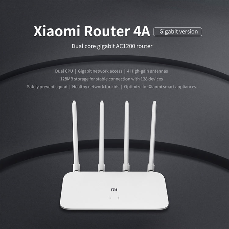 Original Xiaomi WiFi Router 4A Smart APP Control AC1200 1167Mbps 128MB 2.4GHz & 5GHz Dual-core CPU Gigabit Ethernet Port Wireless Router Repeater with 4 Antennas, Support Web & Android & iOS, US Plug Original Xiaomi WiFi Router 4A Smart APP Control AC1200 1167Mbps 128MB 2.4GHz & 5GHz Dual-core CPU Gigabit Ethernet Port Wireless Router Repeater with 4 Antennas, Support Web & Android & iOS, US Plug